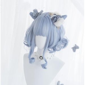 Cosplaysalon 27 Cm Lolita Lichtblauw Bob Korte Golvend Pony Leuke Party Kat Oren Broodjes Synthetisch Haar Cosplay Pruik + cap