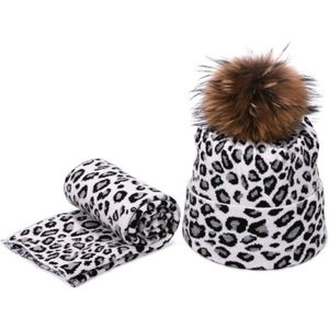 2 Stuks Winter Vrouwen Pompon Beanie Muts Sjaal Set Luipaard Warm Faux Fur Pom Pom