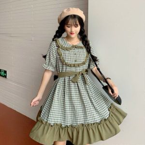 Zomer Lolita Jurk Vrouwen Japanse Zachte Zus Kleine Verse Losse Losse Plaid Stiksels Kant Korte Mouwen Pop jurk