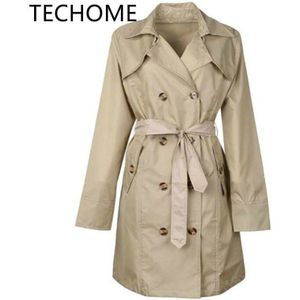 Techome Dames Klassieke Double Breasted Trenchcoat Waterdicht Hooded Regenjas Lange Herfst Windjack Uitloper Met Riem Khaki