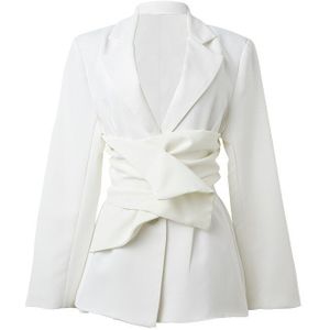 [Eam] Vrouwen Witte Geplooide Onregelmatige Big Size Blazer Revers Lange Mouwen Losse Fit Jas Mode Lente Herfst 1X34300