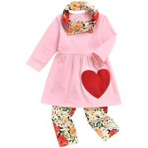 2-7Y Valentijnsdag Peuter Kid Meisje Kleding Set Lange Mouw Hart Tuniek t-shirt Top + Bloem Broek Outfits kinderen Kostuums