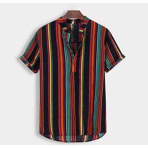 Heren Zomer Mode Stand Kraag Strip Print Korte Mouw Top Mannen Shirts Casual Cool Streetwear Blouse # G30