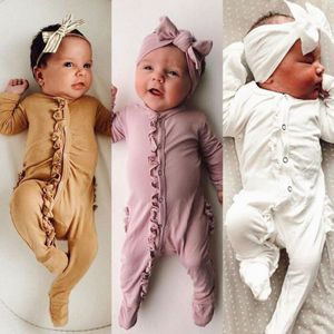 Leuke Baby Baby Jongen Meisje Nachtkleding Pyjama Sets Solid 2 Stuks Lace Lange Mouwen Footies Jumpsuit + Hoofdband Baby Katoen kleding 0-12M