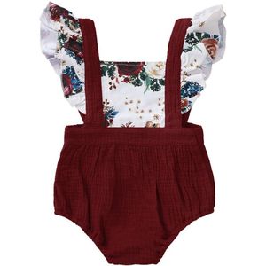 Pudcoco Baby Meisje Wijn Rode Bloem Print Romper Zomer Mouwloze Ruches Korte Mouwen Jumpsuit + Hoofdtooi 0-2T Kleding