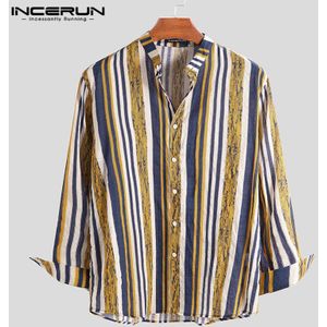 Incerun Mannen Casual Shirt Lente Gestreepte Lange Mouwen Stand Kraag Blouse Katoen Vintage Leisure Shirt Mannen Camisa Masculina