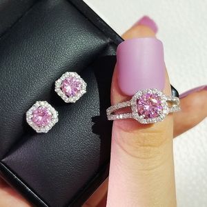 925 Sterling Zilver Kussen Cut Zirkoon Sieraden Set Engagement Ring Stud Earring Voor Vrouwen J5963-pink
