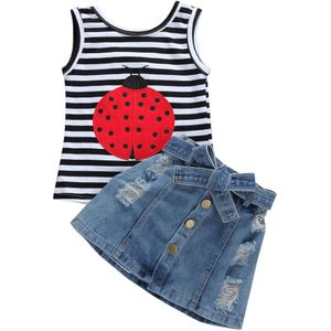 2 Stuks Zomer Peuter Kid Baby Meisje Kleding Lieveheersbeestje Gestreepte Top T-shirt Denim Shorts Outfit 1-6Years