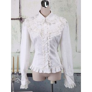 Wit Katoen Lolita Blouse Lange Mouwen Lace Trim Turn-down Kraag Ruches