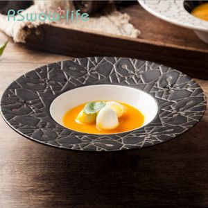 Creatieve Keramische Servies Hotel Restaurant Japanse Pasta Soep Plaat Zwarte Ufo Plaat Stro Hoed Ondiepe Plaat Serveren Gerechten