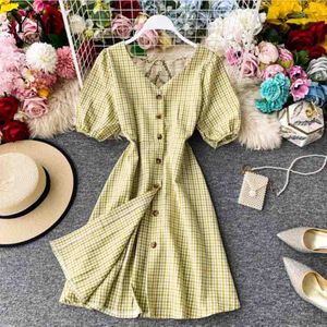 Yuoomuoo Elegante Vintage Plaid Print Backless Bandage Korte Jurk Summer Party Vrouwen V-hals Knoppen Shirt Jurk Vestidos