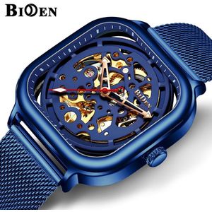 BIDEN Blauw Horloges Voor Mannen Automatische Mechanische Mode Vierkante Skeleton Polshorloge Volledige Zwarte Goud Mesh Stalen Band Analoge Klok