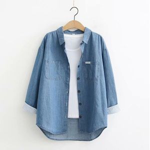 Leisure Denim Shirt Fall Vrouwen Blauwe Knop Shirts Lange Mouw Vrouwen Tops Vriendje Stijl Streetwear