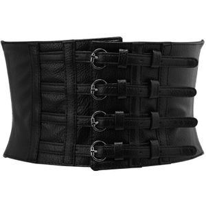 KLV Retro Dame Taille Vorm Corset Brede Elastische Faux Leather Black Belt Stretch Tailleband