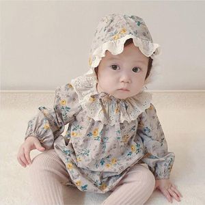 Facejoyous Herfst Baby Meisje Bodysuit Baby Meisje Kleine Bloemen Lange Mouw Jumpsuit Katoen Kant Kraag Bodysuit Met hoed