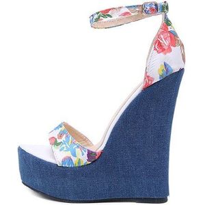 Eilyken Print Denim Sandalen Romeinse Sandalen Wiggen Hoge Hakken Peep-Toe Platform Schoenen Vrouw