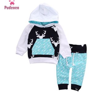 Herfst Winter Kerst Kinderen Baby Meisjes Jongens Rendier Hooded Tops + Broek Outfits Set 2 stuks Pak Baby Boy Kleding pasgeboren