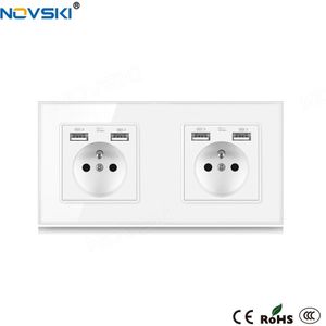 Novski Eu-Franse Stopcontact Crystal Glas Wit Paneel 2 Frame 86*172 Mm, ingebouwde Led Voor Usb Charger