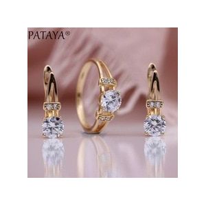PATAYA Speciale Prijs Sieraden Set 585 Rose Gold Vrouwen Mode-sieraden Ronde Witte Natuurlijke Zirkoon Oorbellen Ringen Sets
