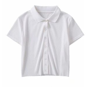 Zomer Mode Casual Stijl Effen Kleur Draad-Breasted Korte Mouwen Polo Shirt Vrouwen Sexy Blootgesteld Navel Was dunne Poloshirt