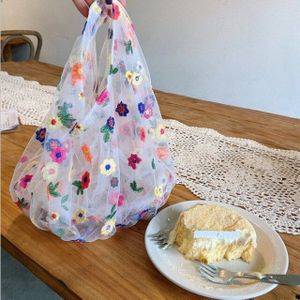 Lente Vrouwen Kleine Transparante Tote Mesh Doek Zak Daisy Borduurwerk Handtas Eco Fruit Bag Purse Voor Meisjes