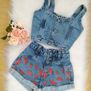 Kid Baby Girl Outfit Set Mouwloze Schouderriem Crop Top + Watermeloen Denim Shorts Kinderen Zomer Kleding Set