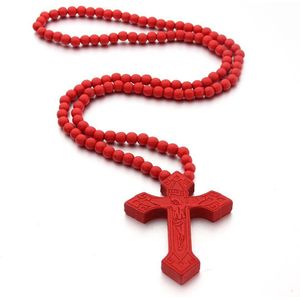 Hout Jezus Inri Cross Hanger Houten Kraal Gesneden Rozenkrans Ketting Voor Mannen Christelijke Religieuze Mannelijke Sieraden