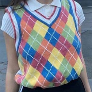 Kleurrijke Argyle Plaid Gebreide Trui Vest Vrouwelijke Preppy Stijl Koreaanse Kleding V-hals Casual 90S Gestreepte Truien Herfst