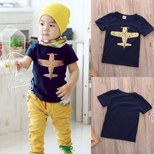 Katoenen Peuter Kids Baby Boy T-shirt Kleding Vliegtuigen Afdrukken Blauw Vliegtuig Plain Tees Tops Korte Mouw T-Shirt Kleding