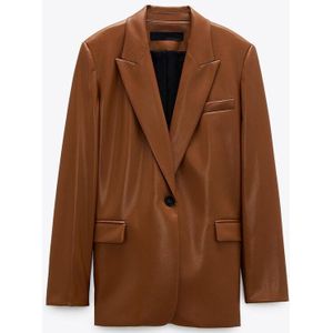 Agong Notched Blazers Vrouwen Mode Bruin Pu Leer Losse Jassen Vrouwen Elegante Casual Enkele Knop Past Vrouwelijke Dames Hu