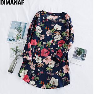 Dimanaf Zomer Vrouwen Shirt Jurk Plus Size Print Bloemen Lady Vestidos Katoen Casual Loose Lange Mouwen Zonnejurk Kleding