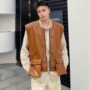 Iefb Lente Niche Baseball Kraag Pu Leer Mouwloos Vest Trend Schouder Pad Koreaanse Trendy Rits Vest 9A0943