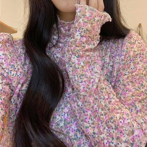 Aelegantmis Coltrui Bloemenprint Shirt Vrouwen Vintage Losse Elegante Zoete Lange Mouwen Tops Paars Roze Bloem Blouses Koreaanse
