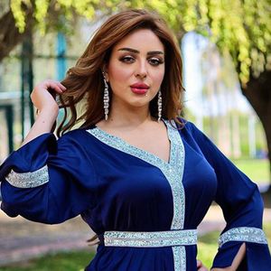 Arabische Abaya Jurk Voor Vrouwen Mode Etnische Diamond V-hals Lange Mouwen Maxi Jurken Turkije Marokkaanse Islamitische Kleding Fall