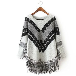 Poncho O-hals Ban Kleur Jacquard Kwastje Mantel Trui Vrouwen Batwing Truien Ban Kleur Jacquard Omzoomd Knitwear