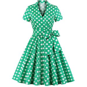 Tonval Groen Superplie Hals Wrap Belted Vintage Gewaden Polka Dot Elegante Jurk Vrouwen Korte Mouw Zomer Pin Up Midi Jurken