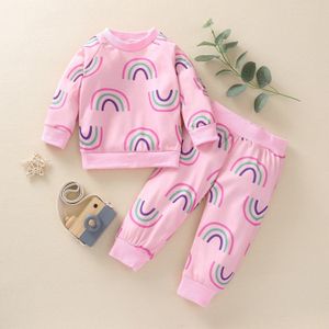 Kinderen Twee Delige Set, Meisje Regenboog Gedrukt Crew Hals Pullover Elastische Broek Voor Zuigelingen