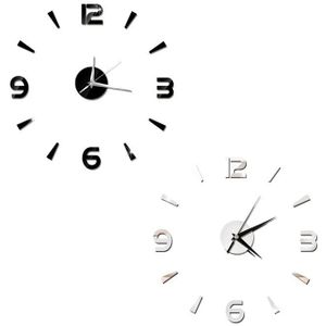 2Set 3D Home Decor Quartz Diy Wandklok Klokken Horloge Horloge Woonkamer Mode Acryl Spiegel Stickers Zilver & zwart