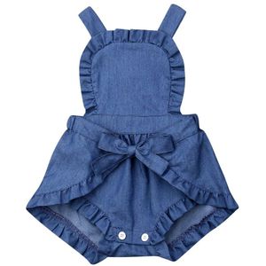 0-24 M Pasgeboren Baby Meisjes Ruche Bodysuit Mouwloze Blue Strik Jumpsuit Kleding Outfit Sunsuit