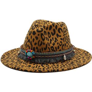 Winter Wol Leopard Printing Jazz Fedora Mannen Vrouwen Vintage Trilby Cap Leisure Grote Rand Voelde Panama Hoed