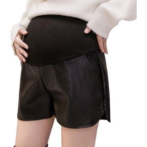 Katoen's Buik Patchwork PU Lederen Shorts Voor Zwangere Vrouwen Modieuze wijdbeens Korte Broek Moederschap Side Split Broek