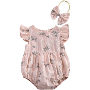 Baby Zomer Kleding Baby Katoenen Jumpsuit Hoofdband Bloemenprint Ronde Kraag Fly Mouw Bodysuit Haarband Meisjes Roze/groen