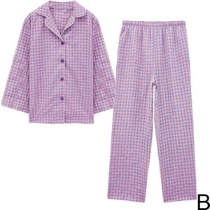 Koreaanse Paars Raster Meisjes Pyjama Set Leuke Winter Lange Mouwen Leisure Nachtkleding Voor Vrouwen Losse Nachtkleding Homewear Pak