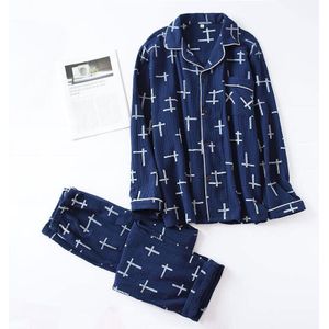 Nachtkleding Voor Mannen Cross Gedrukt Pyjama Set Eenvoudige Stijl Lange Mouw En Broek Set Vrijetijdskleding Comfort Dunne Homewear Plus size