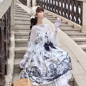 Japanse Zoete Lolita Zachte Meisje Hemdje Jurk Kawaii Diablo Stijl Gothic Printing Ruches Mouwloze Boog Kant Gaas Jsk Dresse