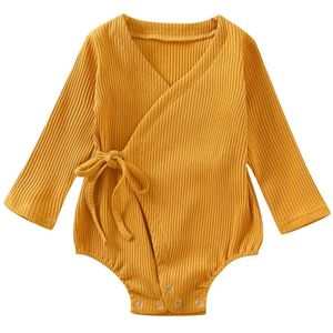 Pasgeboren Baby Baby Meisjes Jongens Bodysuits Solid Lange Mouwen Riem Jumpsuits Katoenen Kleding Outfit 0-18M