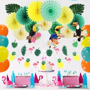 19 Pcs Zomer Party Decoraties Set Opknoping Flamingo Guirlande Latex Ballonnen Papier Fans Flamingo Thema Verjaardagsfeestje Supplies