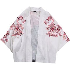 Zwart En Wit Grote Vis Patroon Japanse Kimono Zomer Japanse Vijf Point Mouwen Kimono Mannen En Dames Mantel Jacke Top blouse