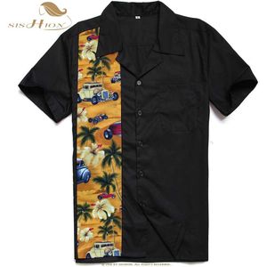 SISHION Vintage 1950 s Retro Mens Bowling Shirt ST110 Rock N Roll Korte Mouwen Punk Rave Shirt Mens Palm Cars stiksels Mannen Shirt