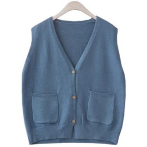 Trui Vest Vrouwen Pocket Solid Eenvoudige Elegante Koreaanse Gebreide Open Stitch Alle-Wedstrijd Preppy Stijl Losse V-hals mouwloze